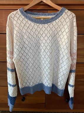Hem & Thread Cream Open-Knit Crewneck Sweater with Blue Trim